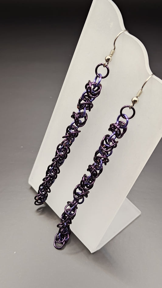 Black and Purple Byzantine Chainmail Dangle Earrings